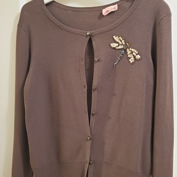 Ann Taylor Loft Cardigan with beaded & sequin dragonfly accent - Picture 1 of 6